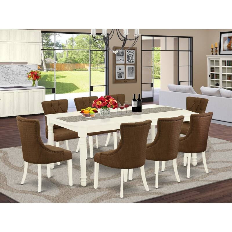 9Pc Dining Set - Rectangle Table with Butterfly Leaf & 8 Parson Chairs - Linen White & Dark Coffee - 78