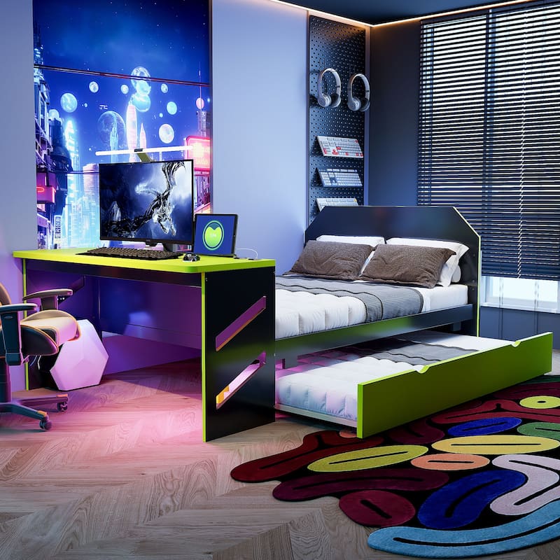 Roomfitters Full Size Wood Daybed with Twin Trundle and Built-in Desk, Modern Gaming Bed Frame with USB Port