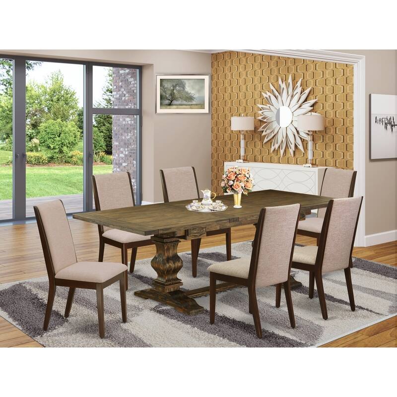 7-Piece Dining Table Set with Parsons Chairs - Linen Fabric Dining Room Table & Chairs Set - Mahogany Finish - 92