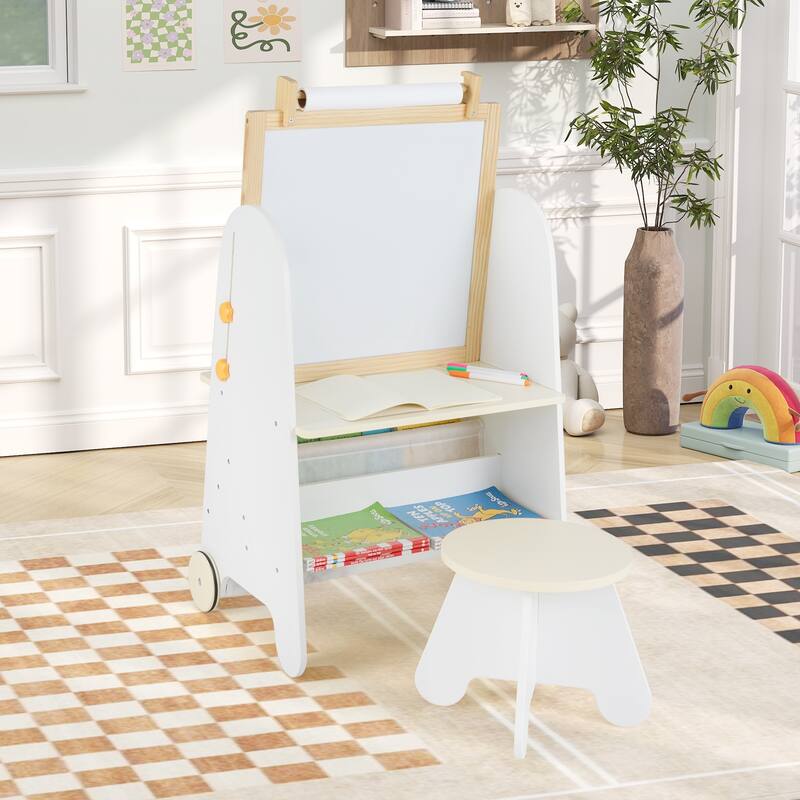 Kids 4 in 1 Art Easel and Desk with Stool Adjustable Height Whiteboard Chalkboard Paper Roll and Storage for Drawing