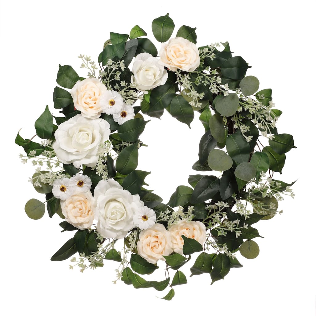 Rose and Camellia Floral Artificial Spring Wreath, 24-Inch, Unlit