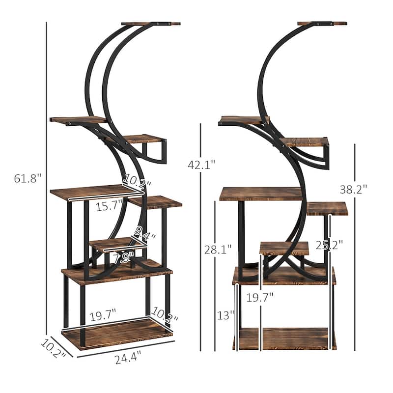 Eight-Tier Corner Plant Stand with S-Shaped Steel Frame and Fir Wood Shelves for Home Decor - 24.4" W x 10.2" D x 61.8" H