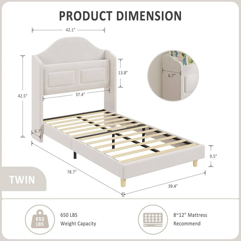 Twin Size Upholstered Velvet Platform Bed Frame for Kids with LED Lights Bookcase Headboard
