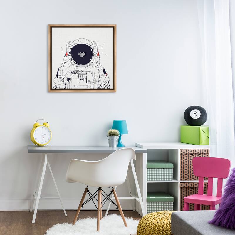 Stupell Minimal Astronaut with Heart Framed Floater Canvas Wall Art Design By Balazs Solti