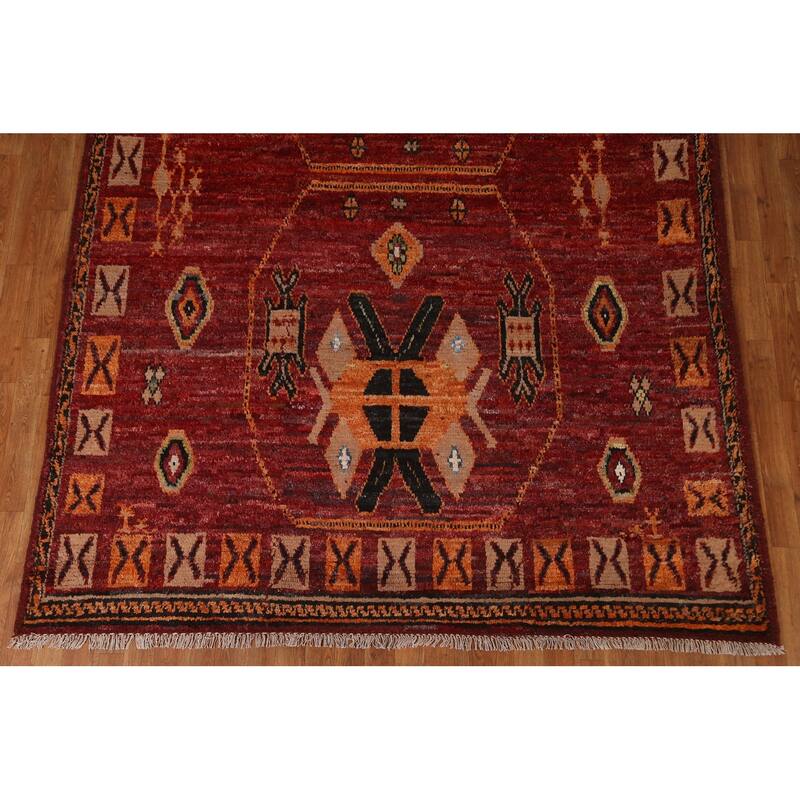 Hand Knotted Oriental 100% Wool Carpet Modern Tribal Red Moroccan Area Rug - 9' 10'' X 6' 11''