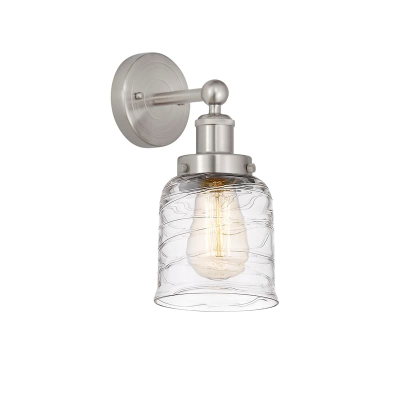 Innovations Lighting 616-1W-10-7 Bell Sconce Bell 10" Tall Wall Sconce - Brushed Satin Nickel / Clear Deco Swirl