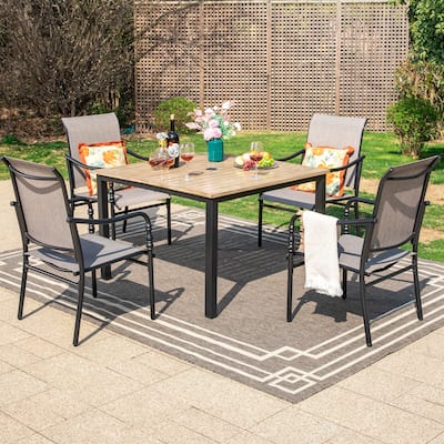 MAISON ARTS 5-Piece Patio Dining Set, Square Brown Metal Dining Table and 4 Gourd Head Shape Armrest Chairs