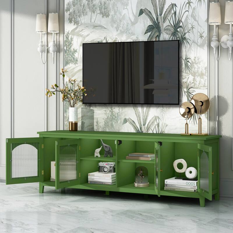 Modern Stylish TV Stand, Entertainment Center TV Stand with Solid Wood Frame and Rainbow Glass Door, for Living Room