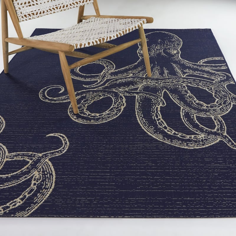 Octavius Coastal Octopus Area Rug - 5'3" x 7' - Navy Blue