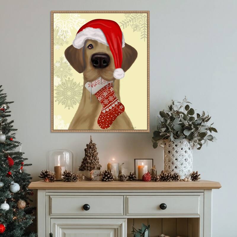 Christmas Drooly Christmas Dane by Fab Funky (23 x 28 in.), Framed Canvas Wall Art Print - Sylvie Beaded Rustic Natural