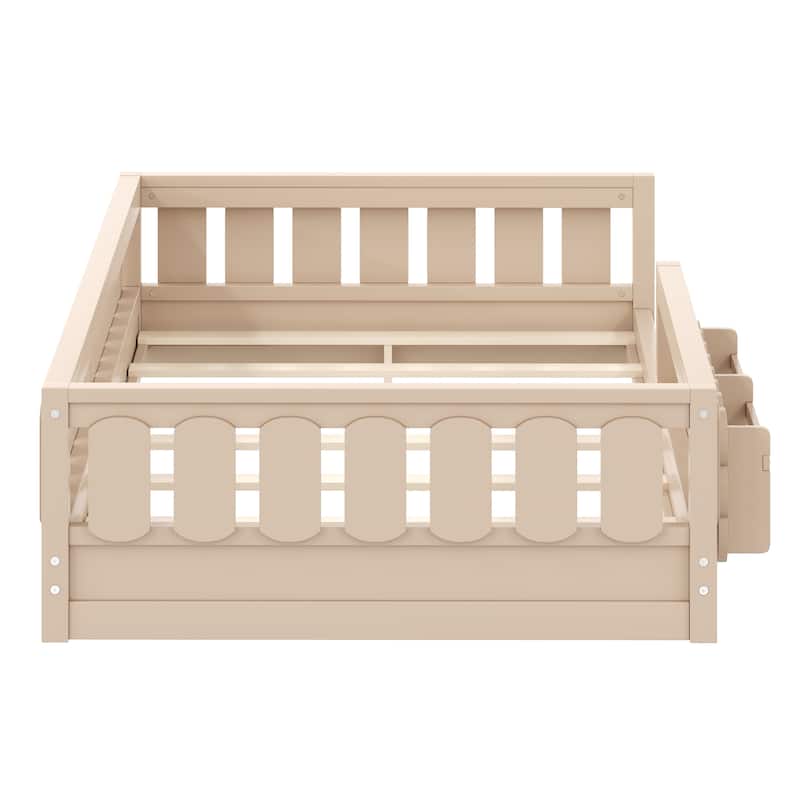 Kid Wood Platform Storage Bed Montessori Toddler Floor Bed Children Daybed with Guardrail and Side Creativity Storage Shelves