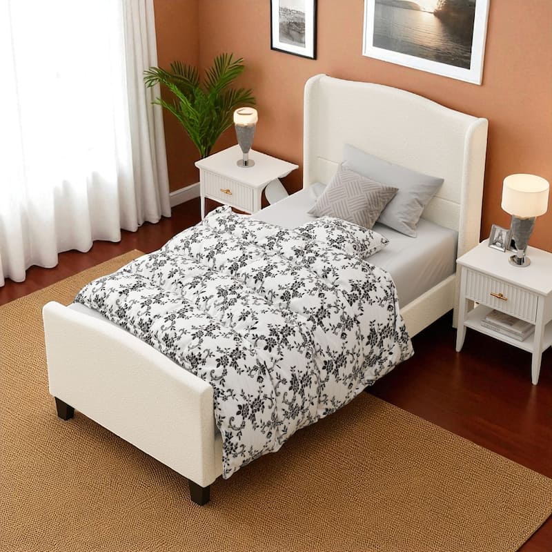 Twin/Queen/King Platform Bed, 49.21 in Upholstered Headboard, Teddy Velvet, 12-Slat Support, Solid Wood Legs, White