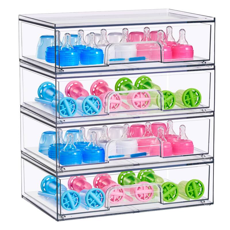 Sorbus Wide Stackable Acrylic Storage Drawers, Clear Plastic Organizer Bins for Baby Bottles, Bathroom, & Kitchen Organization - Wide 4 Pack