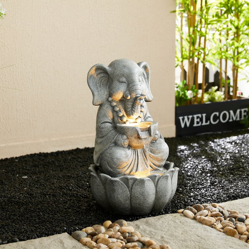 Glitzhome 21.75"H 2-Tiered Lighted Zen Style Frog Elephant Hippo Polyresin Outdoor Fountains