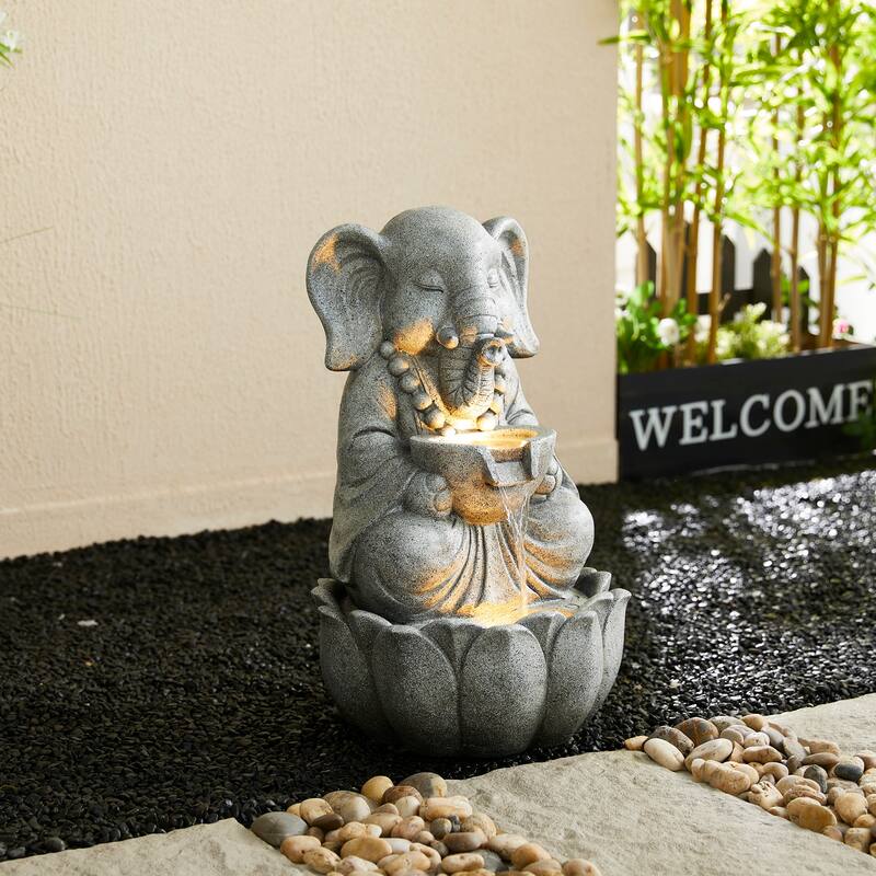 Glitzhome 21.75"H 2-Tiered Lighted Zen Style Frog Elephant Polyresin Outdoor Fountains - Grey