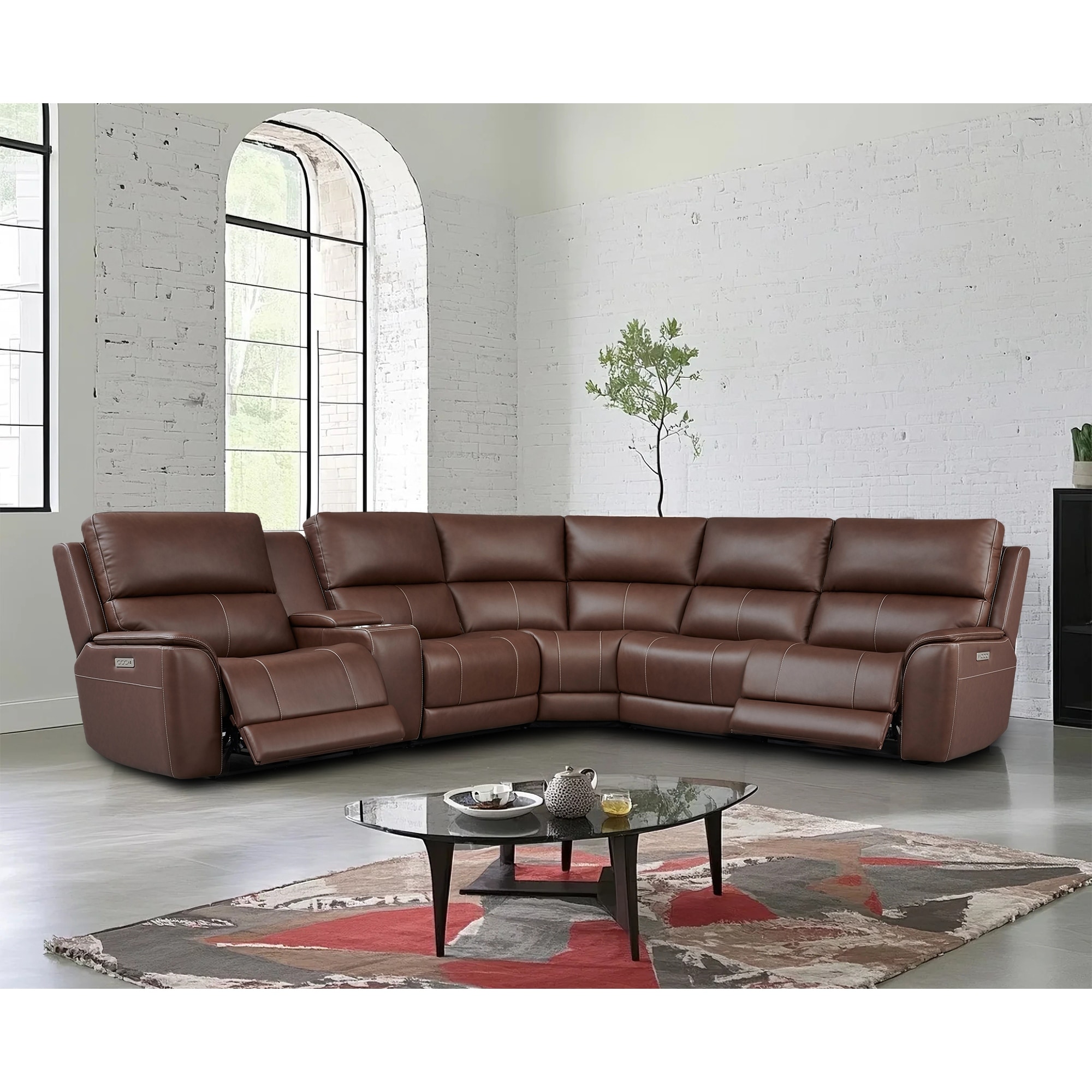 6PCS, 2 power Recliners, Double Width Genuine Leather Reclining Sectional with Power headrest, Zero Gravity