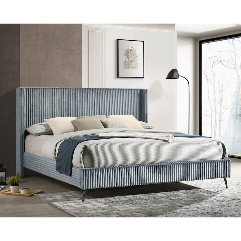 King Size Upholstered Panel Bed with Wide Wale Corduroy Fabric, Elegant Wingback Headboard, Modern Design - King Blue - King