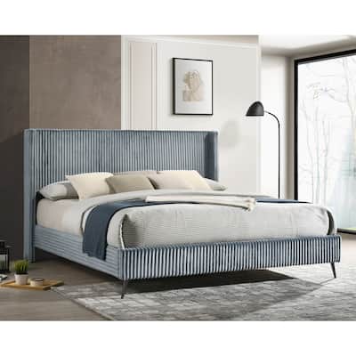 King Size Upholstered Panel Bed with Wide Wale Corduroy Fabric, Elegant Wingback Headboard, Modern Design