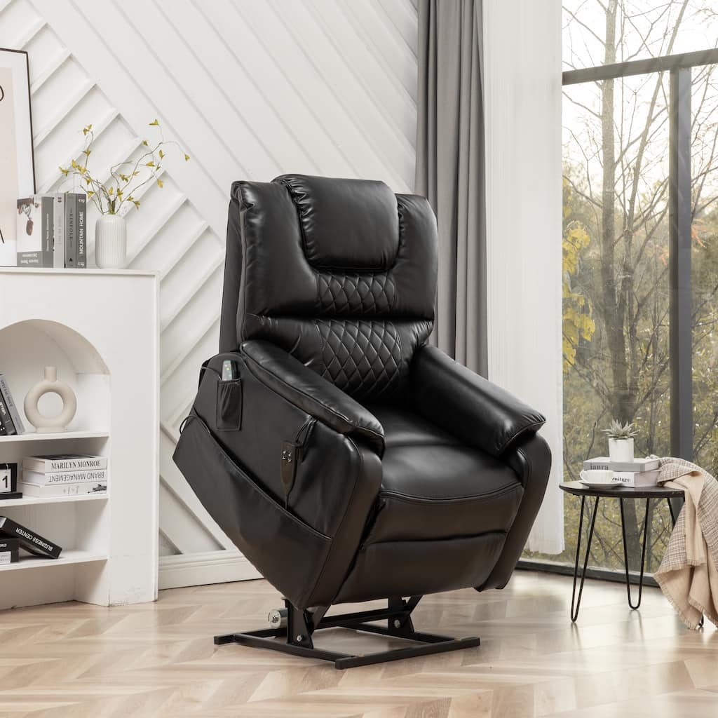 Black Oversized PU Leather Power Lift Recliner with Massage, Lumbar Heating, Side Pockets, 180° Flat Lay