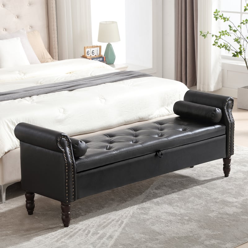 HOMYKA 66.9" Tufted Storage Bench with Rolled Arms Ottoman Long Bench