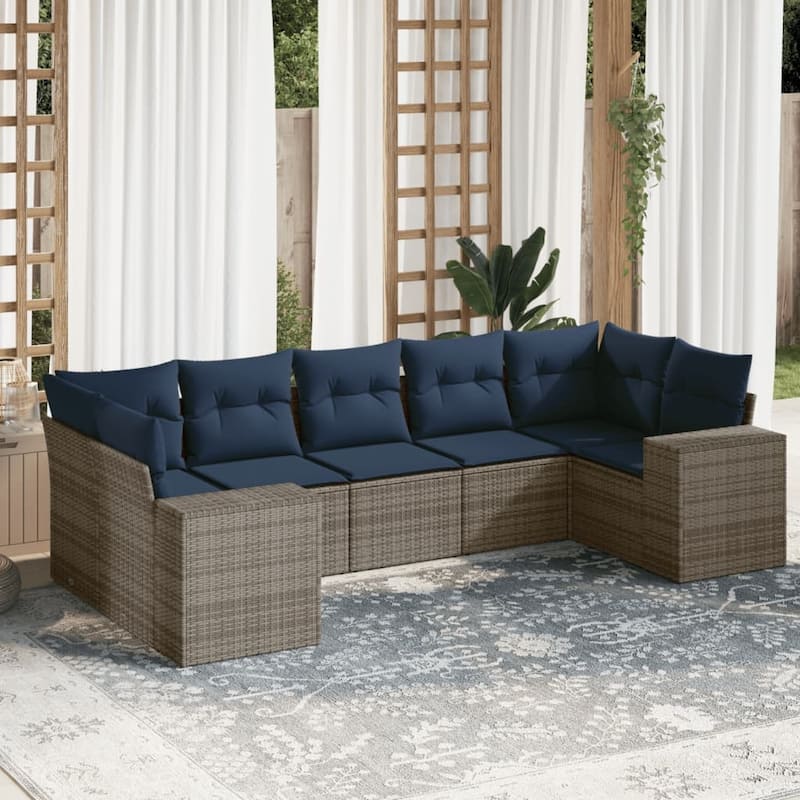 vidaXL 7 Piece Patio Sofa Set with Cushions Brown/Gray Poly Rattan - 24.4 x 24.4 x 27.2