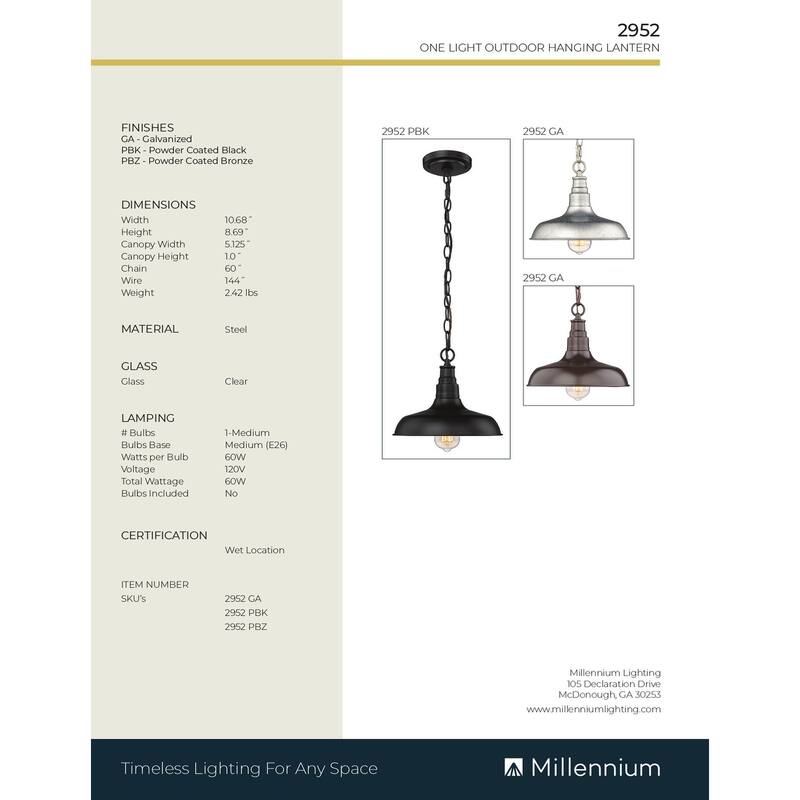 Millennium Lighting 1 Light Outdoor Pendant Light Fixture - Galvanized