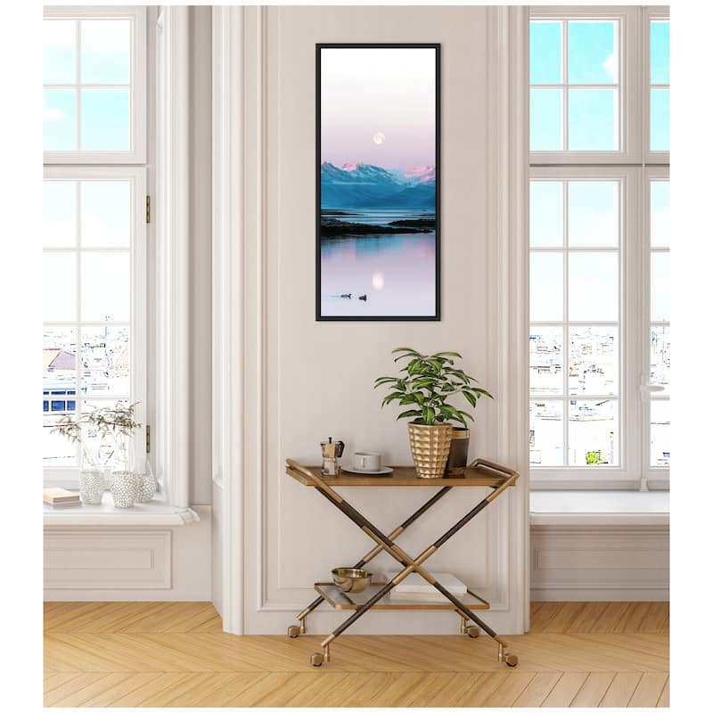 Kate and Laurel Sylvie Two Ducks in a Lake during Pastel Moonrise over Icelandic Mountains Framed Canvas by Michael Schauer