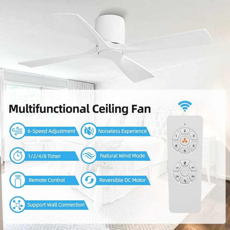 MLiAN 4 Soild Wood Blades Flush Mount Ceiling Fan Remote Control 6-Speed DC