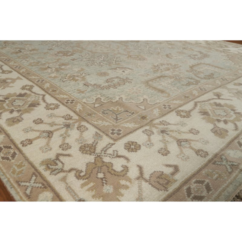 Aqua Light Blue Oushak Indian Area Rug Hand-Knotted Wool Carpet - 8'0" x 9'11" - Blue - 8'0" x 9'11"