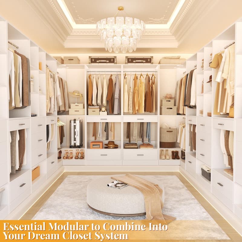 Qvella 23.6'' W Closet System with Hanging Rods and Wooden Drawers, Modular Walk-In Closet Organizer with Pants Rack