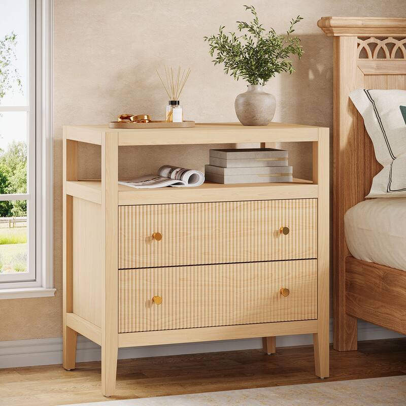 2-Drawer Farmhouse Nightstand, Wide Bedside Table Large Night Stand