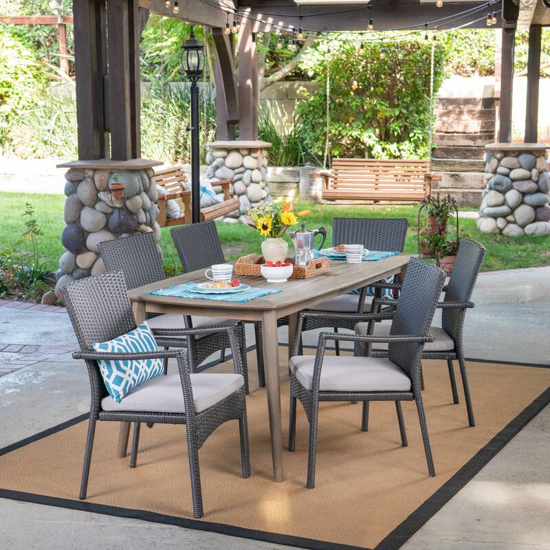 Talbot Outdoor 7-piece Wood Rectangle Dining Set with Cushions by Christopher Knight Home
