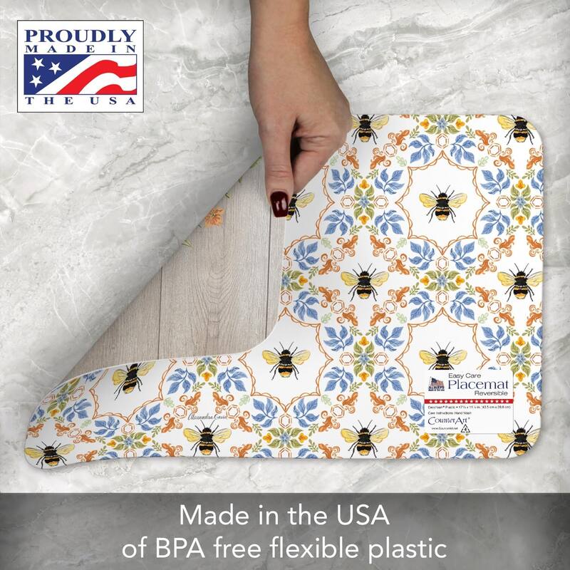 Floral Bee 4 Pack Reversible Easy Care Flexible Plastic Placemats Made in The USA BPA Free Easily Wipes Clean