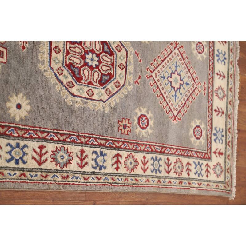 Geometric Grey Kazak Runner Rug Handmade Wool Carpet - 2'10" x 19'7"