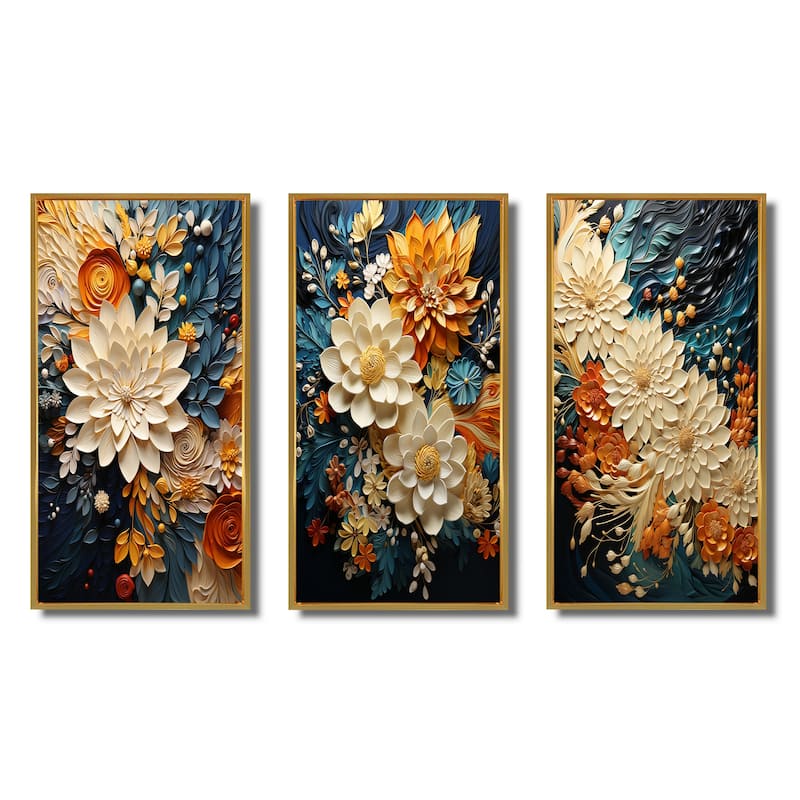 Designart "Orange Teal Botanical Whirlwind IV" Abstract Framed Wall Art Set Of 3 Frame Gallery Wall Set For Home Decor
