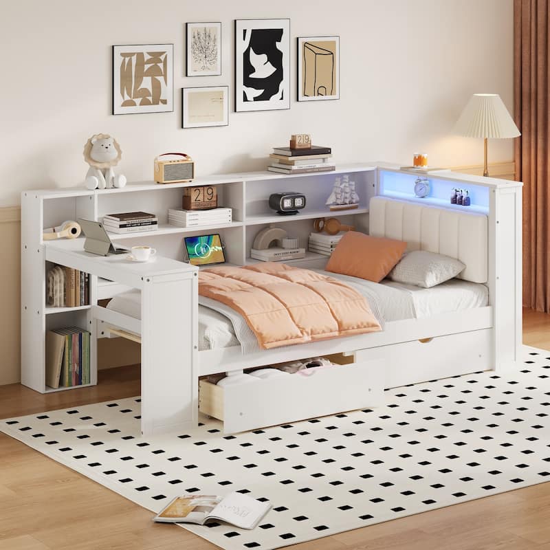 Wood Daybed Twin Size Platform Bed with Storage Shelves, Drawers, Charging Station, Desk, LED and Upholstered Cushion Headboard