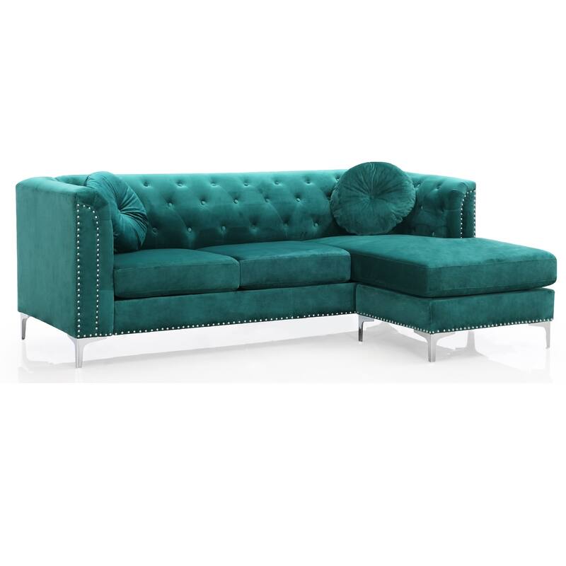 Nailhead Trim Tufted Velvet Sectional Sofa with Throw Pillows - 83" - Green