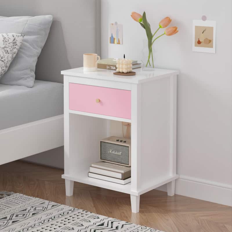 Anmytek Modern Pink Nightstand with One Drawer and Open Shelf for Bedroom Bedside Table with Golden Handle 26-inch Height