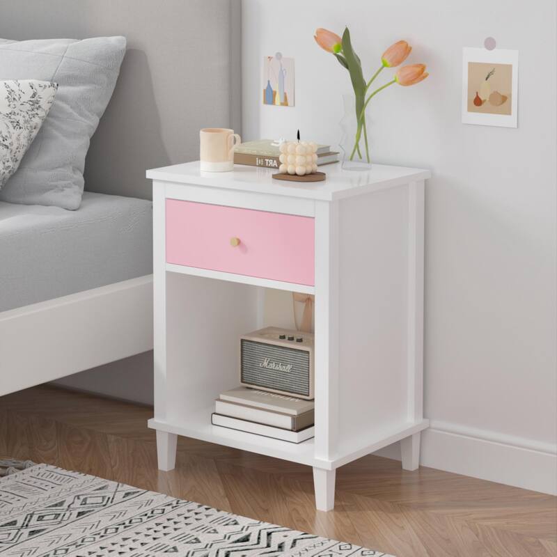Pink and Gold Wooden Nightstand with Drawer and Shelf for Kids and Adults