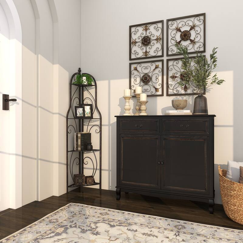 Metal Scroll Indoor Outdoor Arched Tall Folding Corner 4 Shelf Bakers Rack - Black - Roche River Decor