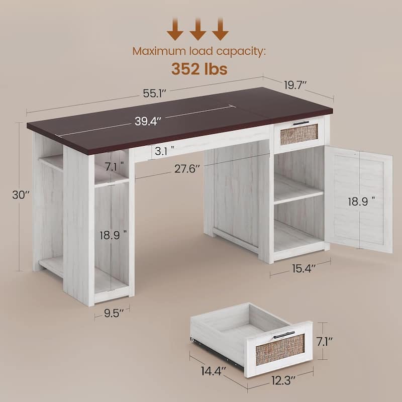 Farmhouse Executive Desk Home Office Desk File Drawer Monitor Stand Power Outlet