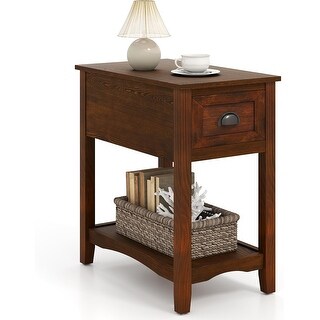 Retro Narrow End Table with Drawer & Storage Shelf, Solid Wood ...