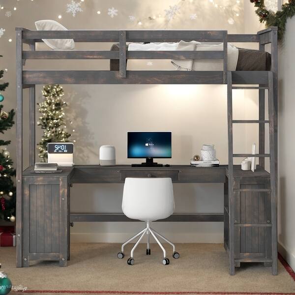 slide 2 of 18, Twin Size Wooden Loft Bed Frame with Desk and Storage Space, Antique Brown Antique Brown
