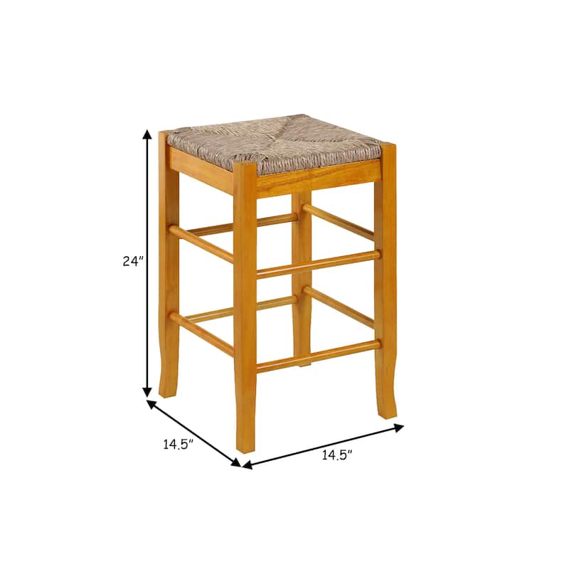 Chris 24 Inch Counter Stool with Wood Frame, Handwoven Rush Seat, Oak Brown