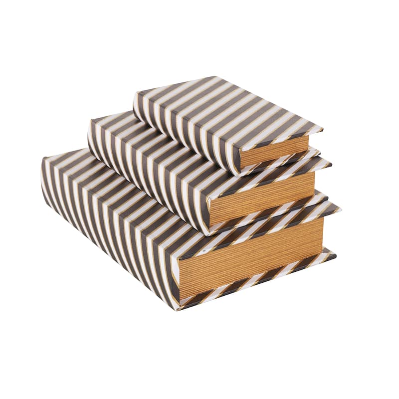 Faux Leather Striped Faux Book Storage Box with White and Metallic Gold Accents - Set of 3 Black - Roche River Decor