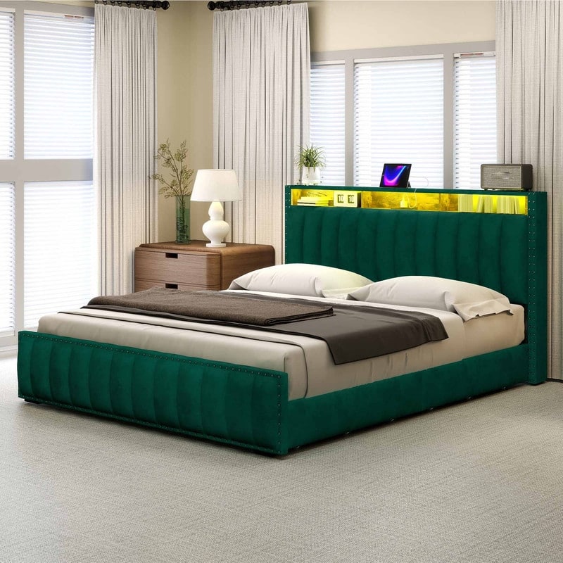 Full / Queen / King Size Platform Bed Frame with Upholstered Storage Headboard and 4 Drawers