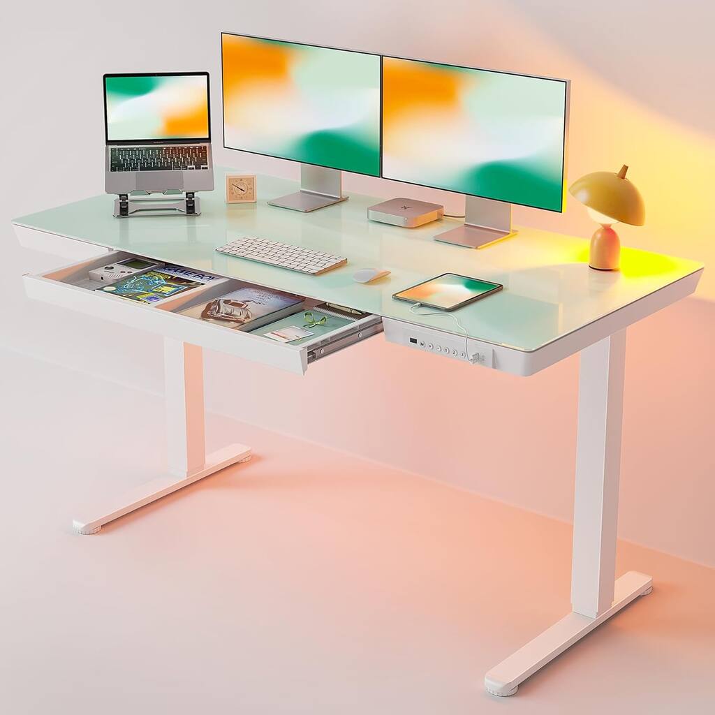 FEZIBO Electric Standing Desk with Drawers, Whole-Piece Glass Adjustable Height Desk, One-Piece Quick Install Adjustable Desk