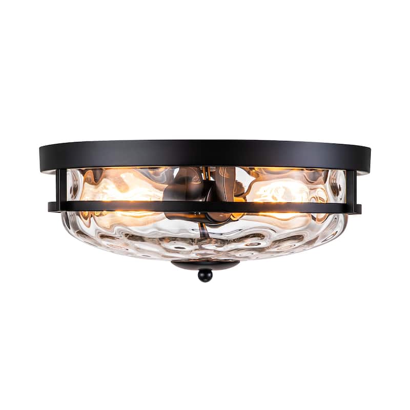 2-Light Modern Industrial Black Dome Clear Water Rippled Glass Flush Mount Ceiling Light - 12.9 in. W x 5.5 in. H