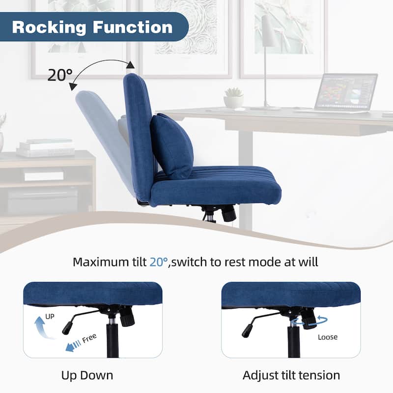 Criss Cross Chair with Wheels, Adjustable Armless Swivel Rolling Chair, Linen Upholstered Office Chair with Lumbar Pillow