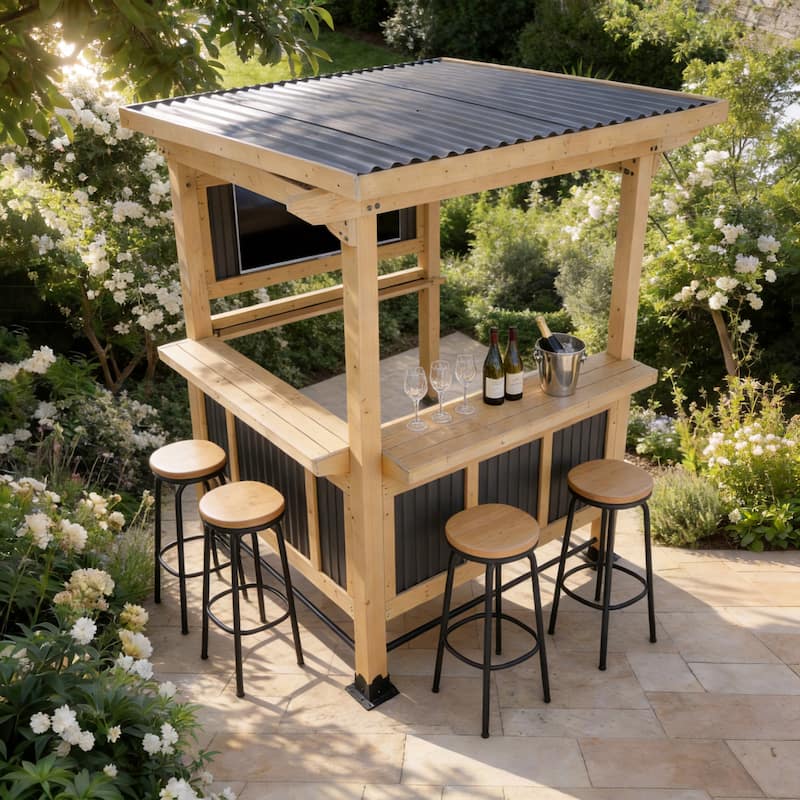 Cedar Wood Outdoor Bar Gazebo with PVC Roof, 85" x 76" Backyard Pavilion with TV Mount, Double Bar Counte